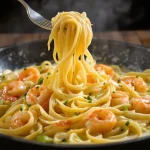 Linguine aux poireaux, crème onctueuse et crevettes vraiment gourmandes